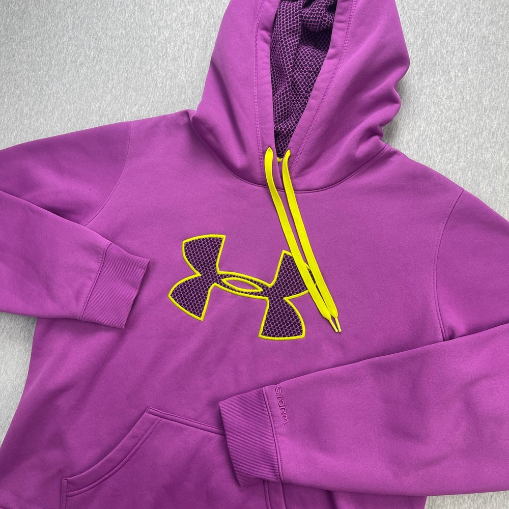 Under Armour Hoodie Womens XL UA Storm Big Logo Purple Neon Yellow Pullover EUC